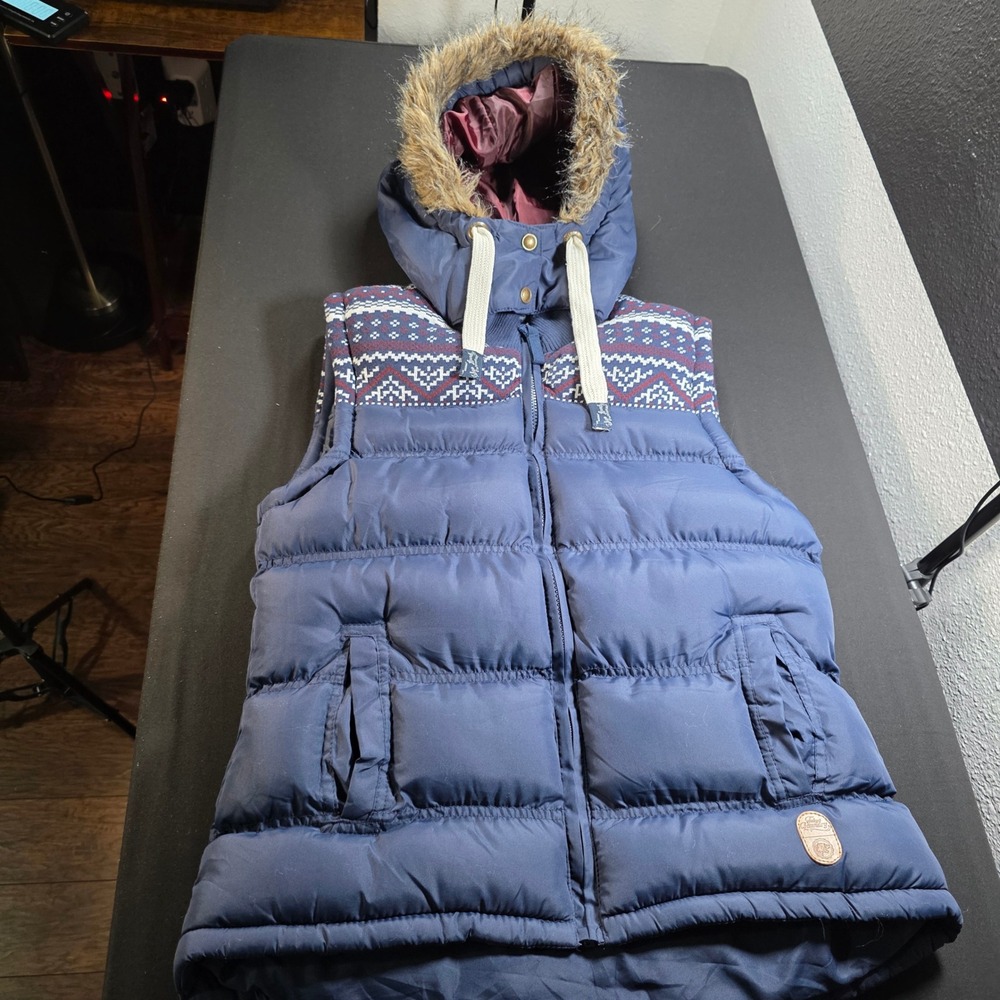 Tokyo Laundry Mens Navy Fair Isle Puffer Vest Detachable Faux Fur Hood Small